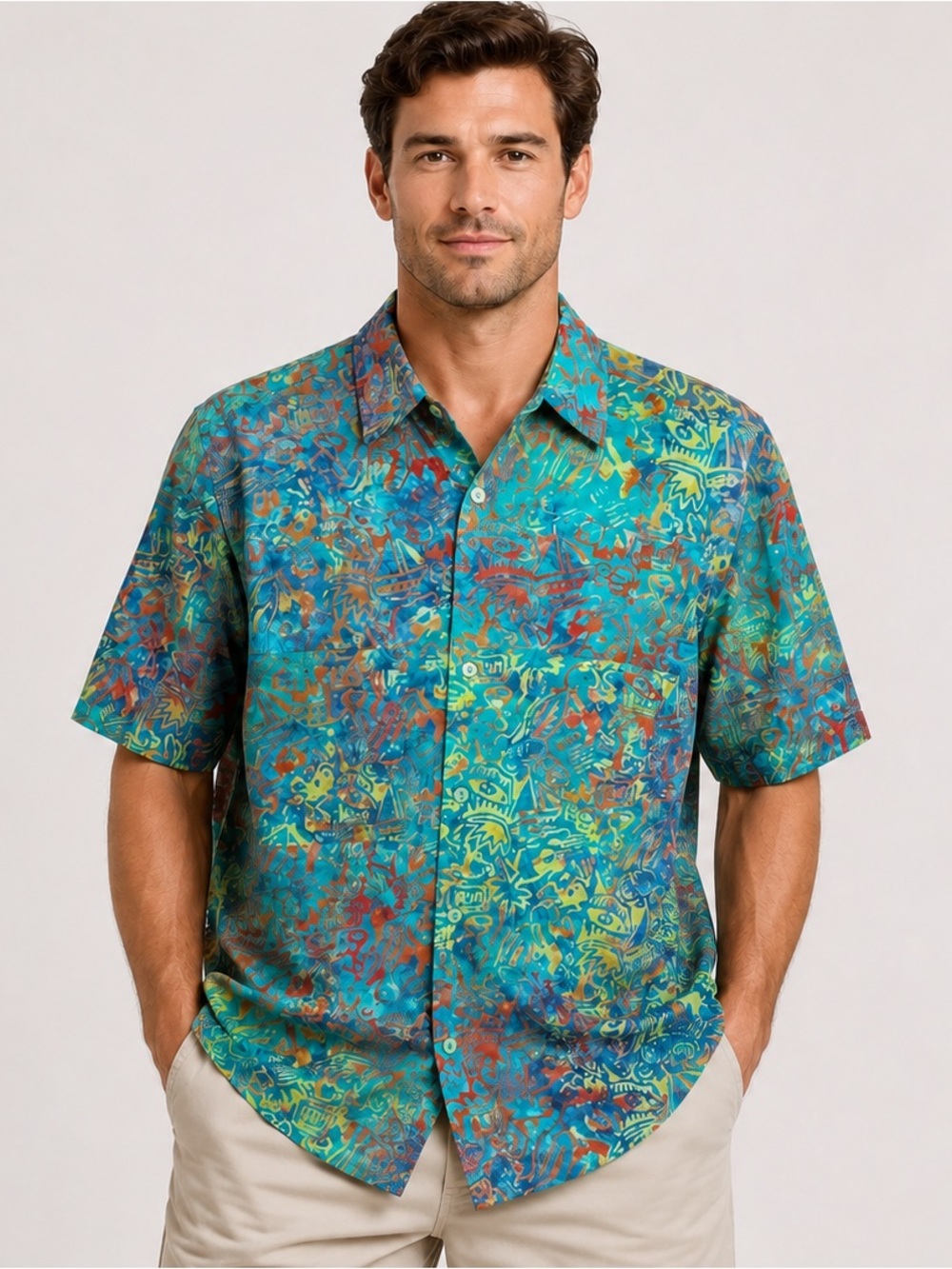 Rum Reggae Hawaiian Batik Camp Shirt "Rum Reggae" Shrimp/Water Size Large